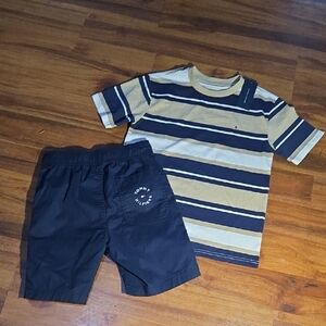 Tommy Hilfiger Navy and Yellow Striped Tee with Black Shorts